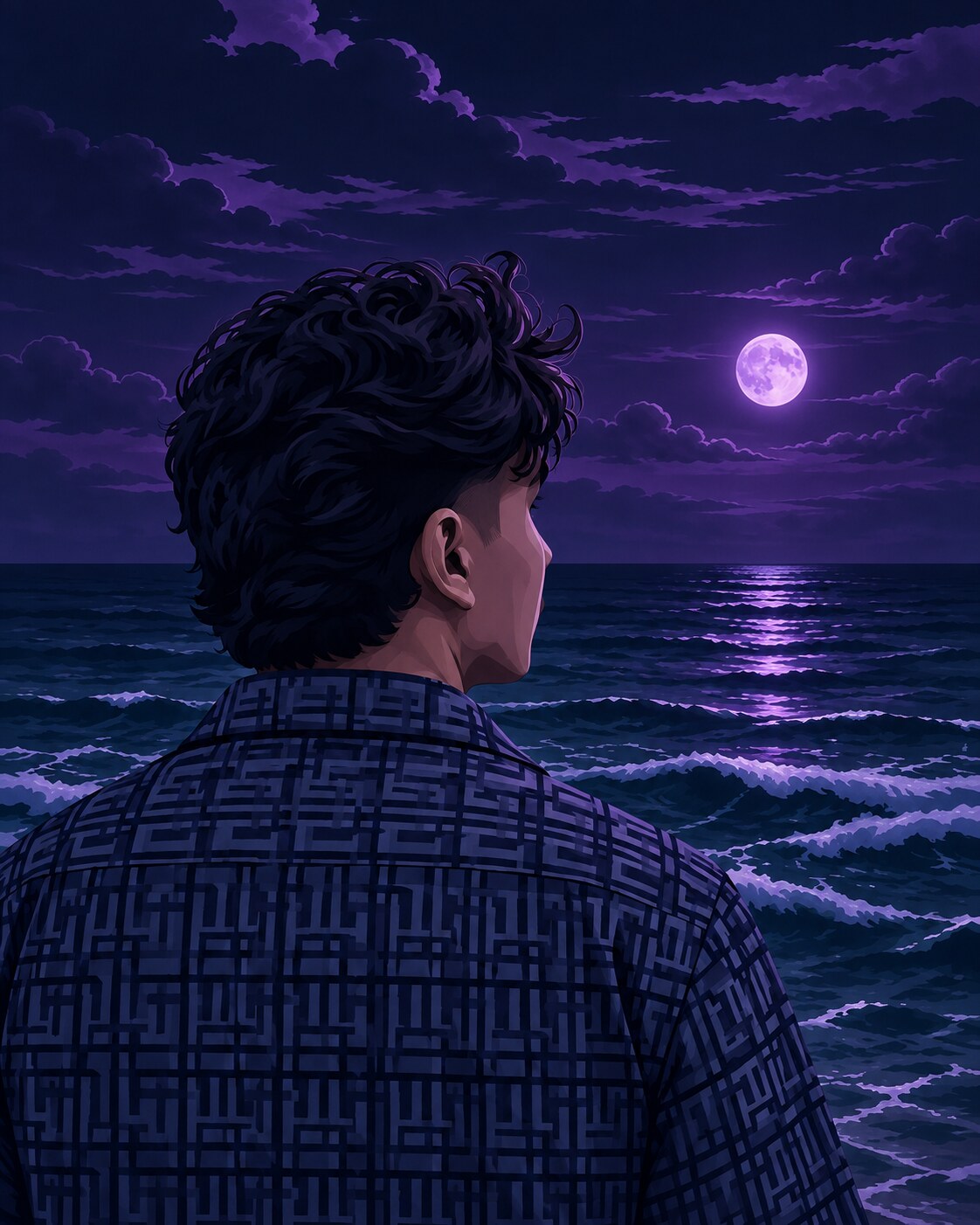 Illustration of Nishan seen from behind, gazing at the ocean under a violet moonlit night sky